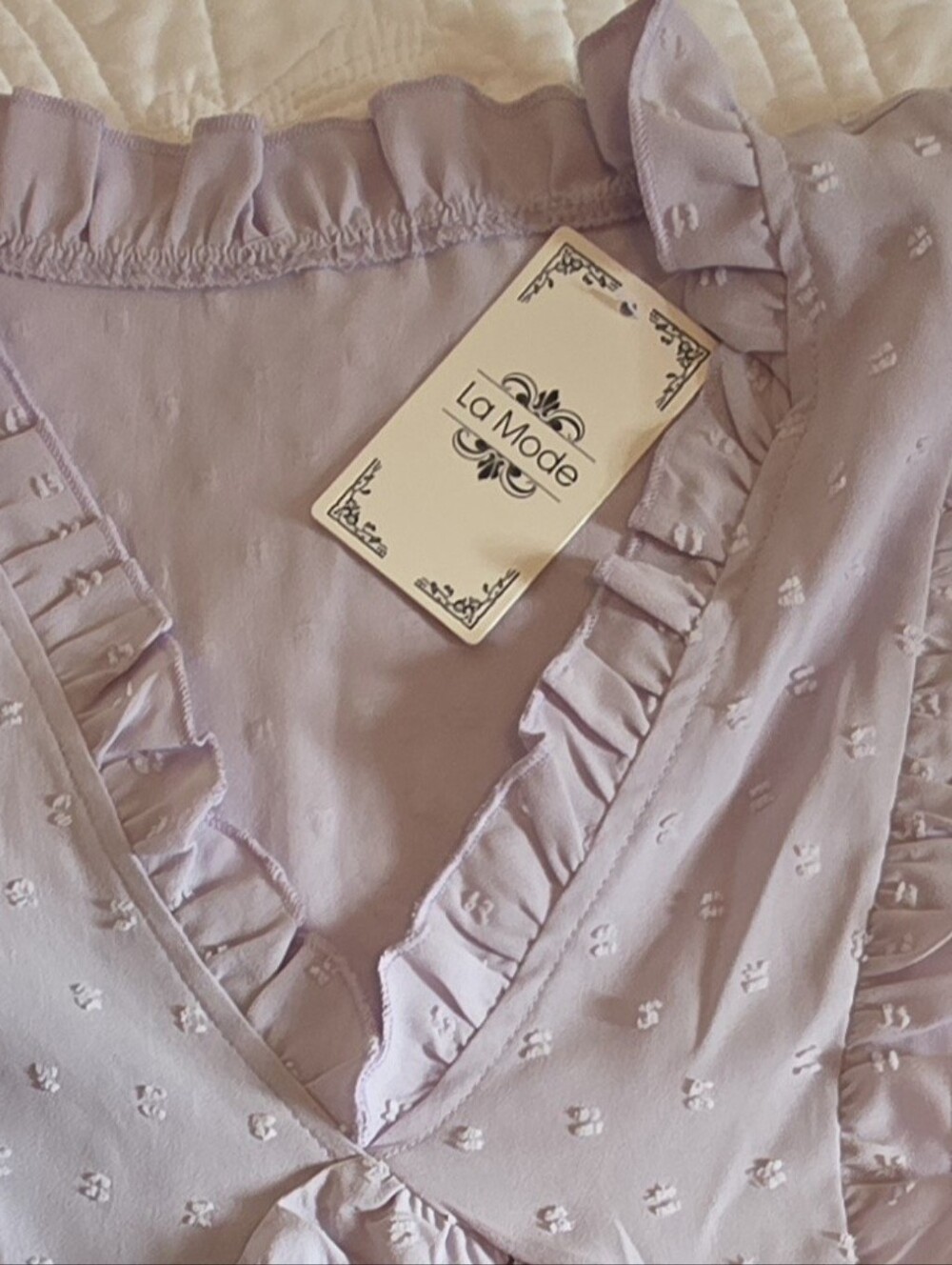 La Mode Lavender Ruffle V-Neck Blouse